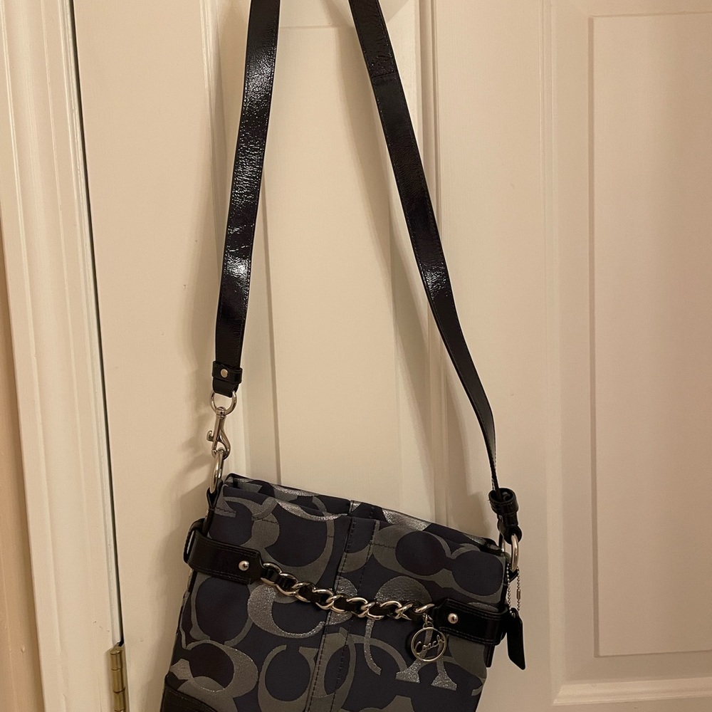 Coach navy, gray and silver crossbody with silver chain and hardware